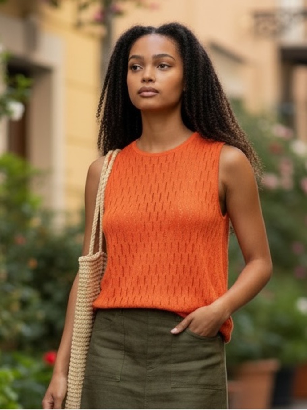 Griffith Gray St. John Orange Sleeveless Pointelle Knit Tank Top M